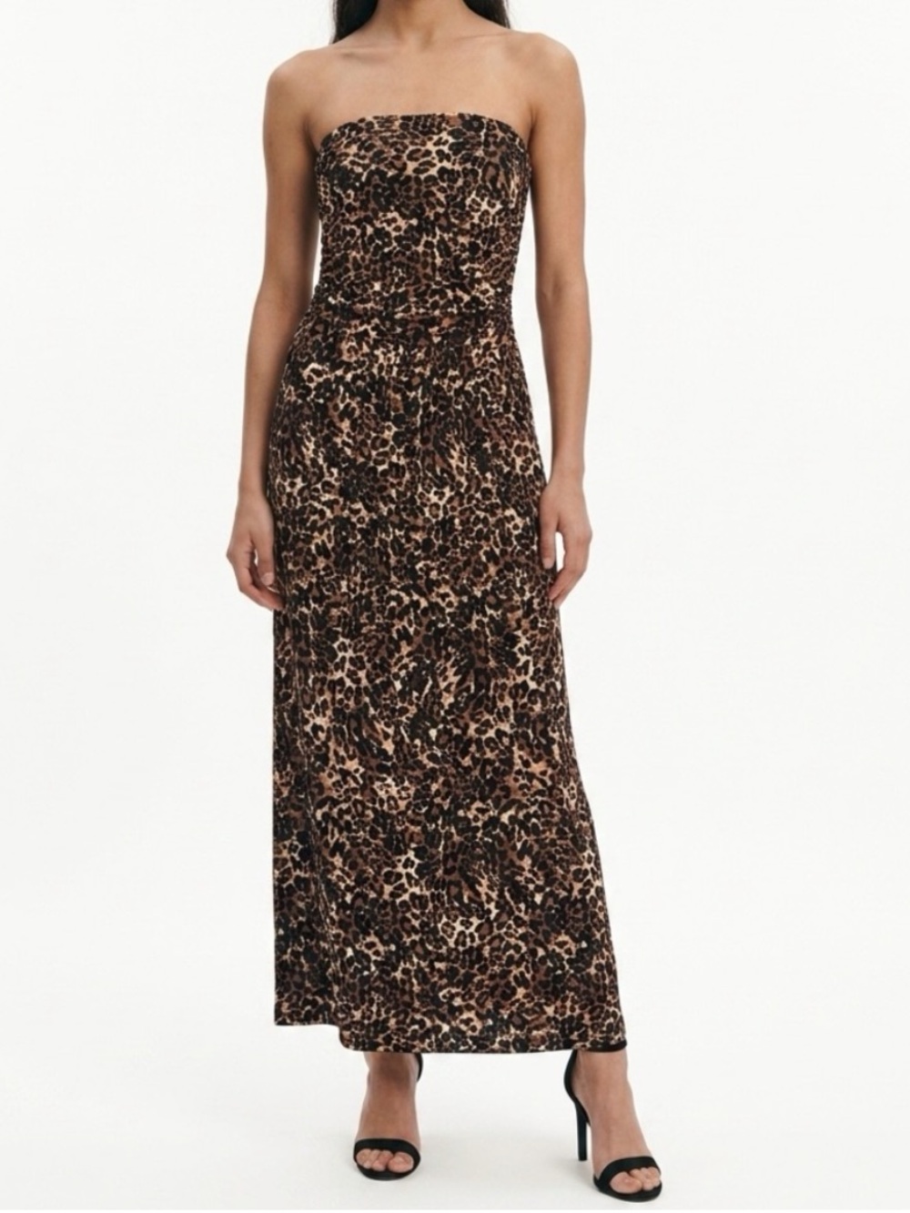 Lascana Strapless Leopard Print Maxi Dress w Pockets Brown, Tan, Black, Size 10